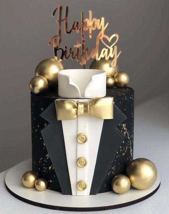 Elegant black and gold tuxedo birthday cake