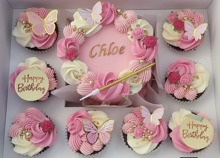 Pink rose and butterfly cupcakes with Chloe cake
