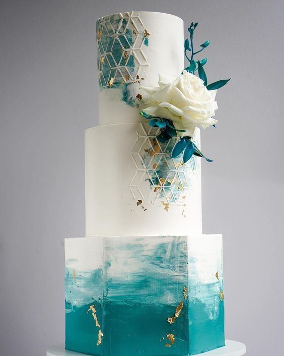 Teal and gold geometric wedding cake