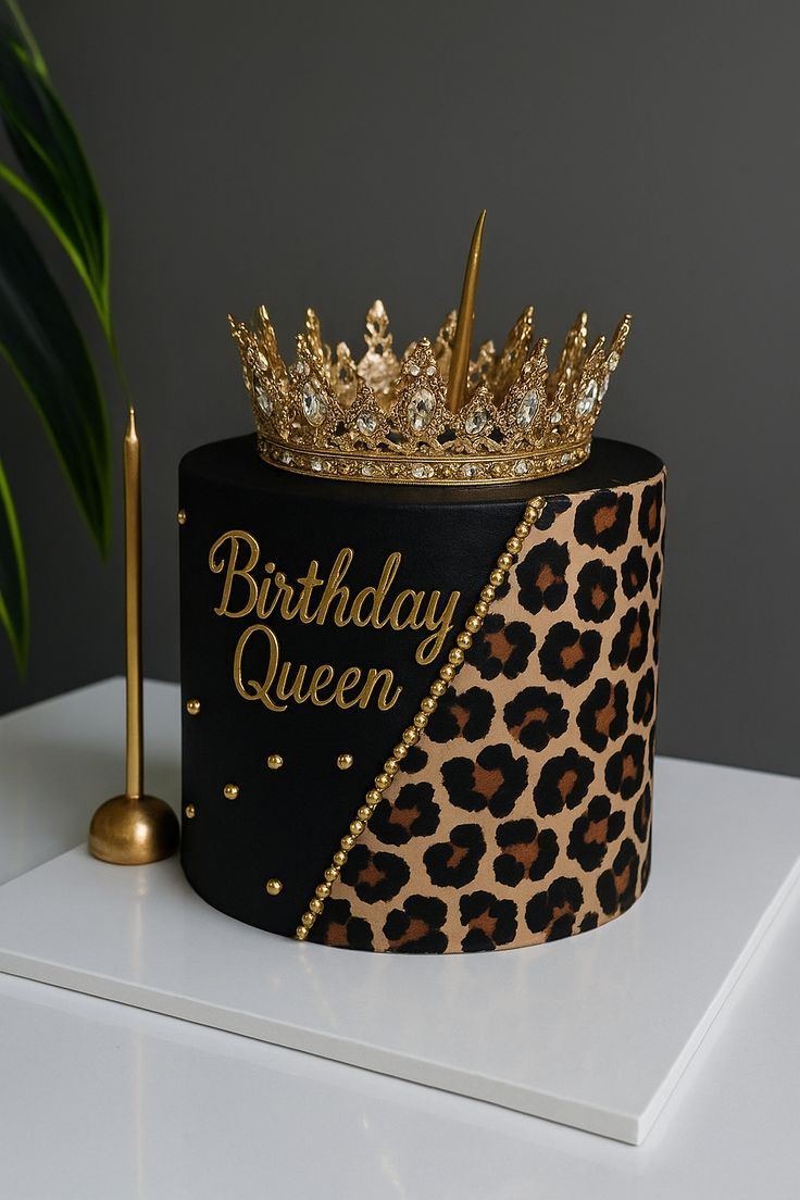 Black and leopard print birthday queen cake