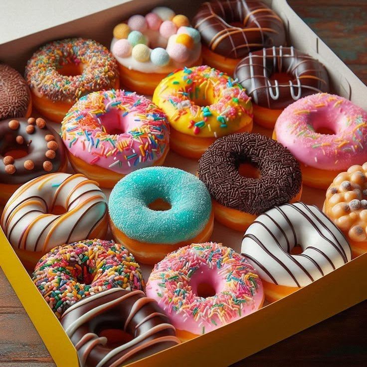 Assorted glazed and sprinkled doughnuts