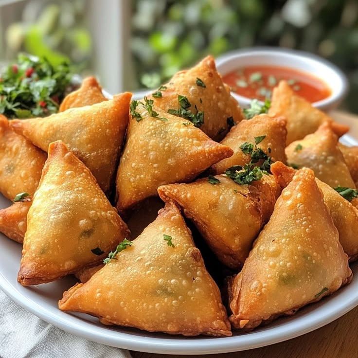 Crispy golden samosas with chilli dip